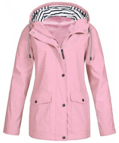 Rain Jackets for Women Waterproof Hooded Coats Plus Size Drawtring Windbreaker Zip Solid Outerwear with Pocket A-pink $14.15 ...