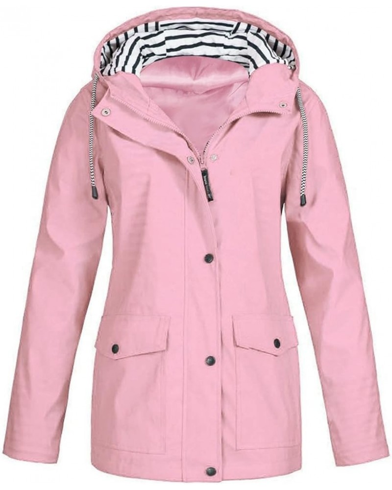 Rain Jackets for Women Waterproof Hooded Coats Plus Size Drawtring Windbreaker Zip Solid Outerwear with Pocket A-pink $14.15 ...