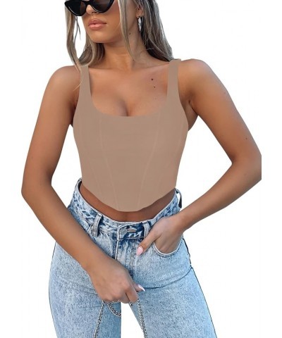 Women's Summer Sexy Square Neck Sleeveless Bustier Corset Crop Tank Tops Khaki $13.50 Tanks