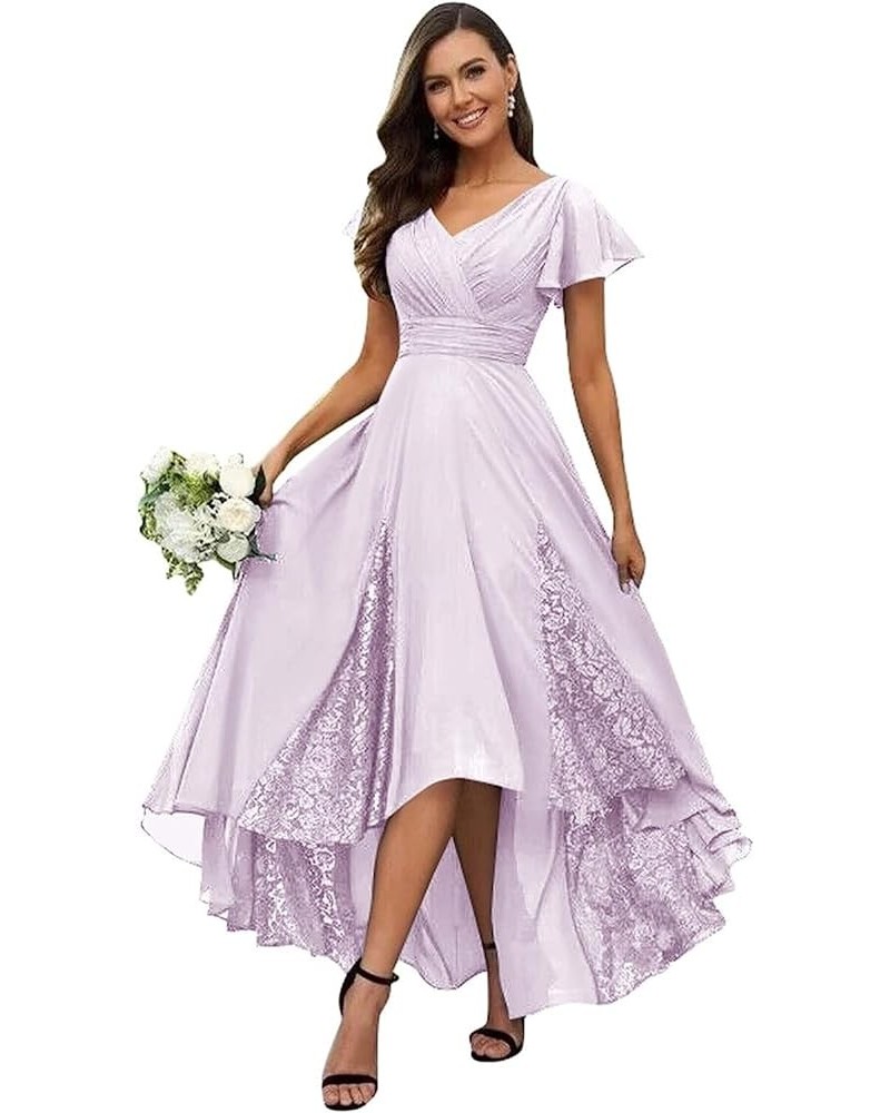 Women's Tea Length Mother of The Bride Dresses 2023 Ruffle Sleeves Chiffon Lace Appliques Formal Evening Gowns Lilac $22.55 D...