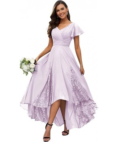 Women's Tea Length Mother of The Bride Dresses 2023 Ruffle Sleeves Chiffon Lace Appliques Formal Evening Gowns Lilac $22.55 D...