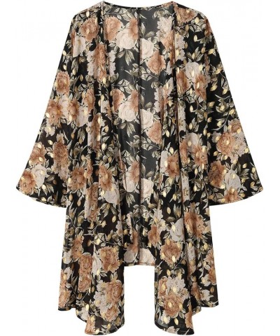 Women's Floral Print Sheer Chiffon 3/4 Bat Sleeve Casual Loose Kimono Cardigan Capes Yellow Peony $9.89 Swimsuits