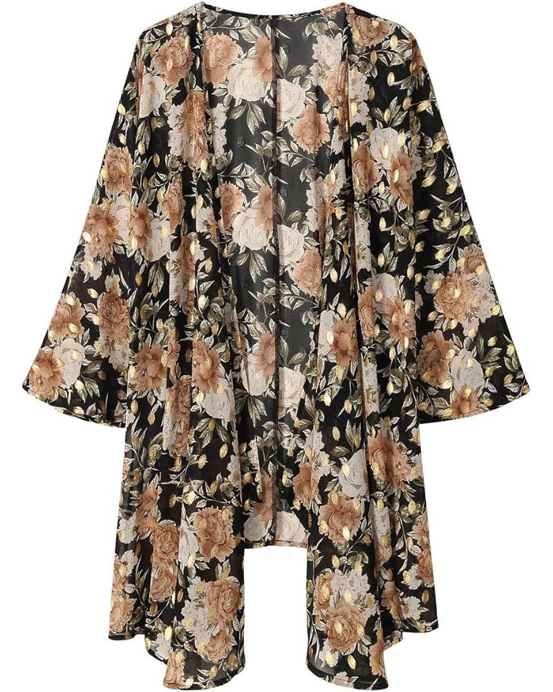 Women's Floral Print Sheer Chiffon 3/4 Bat Sleeve Casual Loose Kimono Cardigan Capes Yellow Peony $9.89 Swimsuits