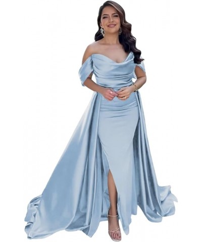 Off Shoulder Prom Dresses with Slit Long Satin Formal Dresses for Women Tight Pleated Evening Gowns Sky Blue $32.76 Dresses