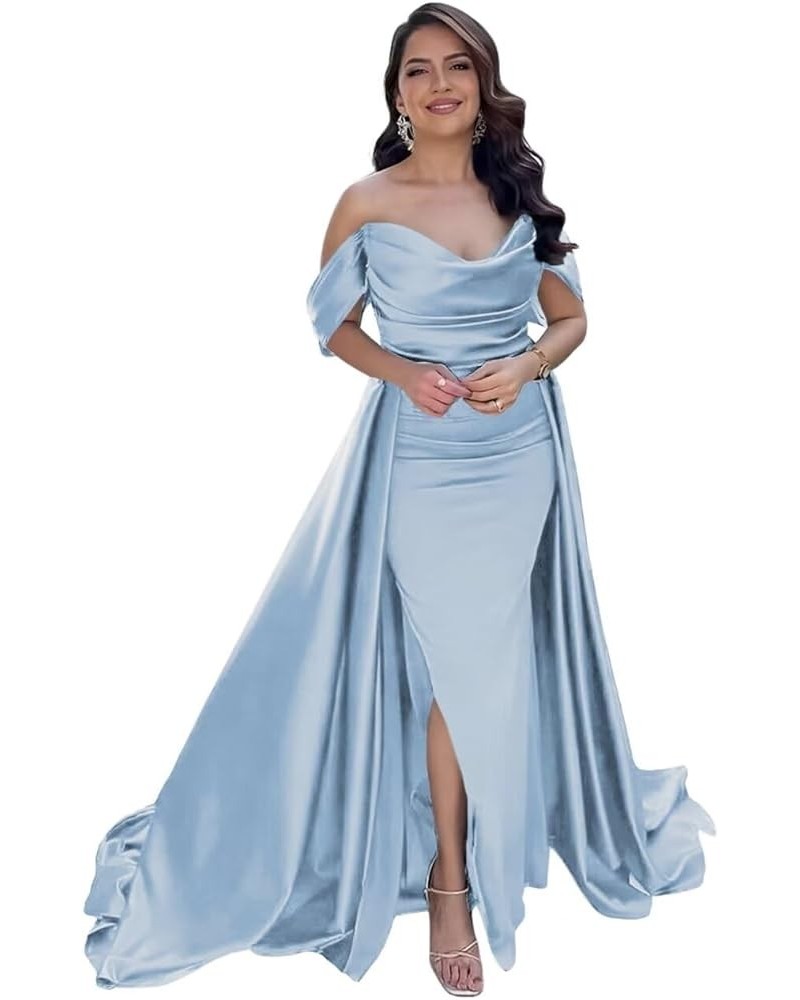 Off Shoulder Prom Dresses with Slit Long Satin Formal Dresses for Women Tight Pleated Evening Gowns Sky Blue $32.76 Dresses