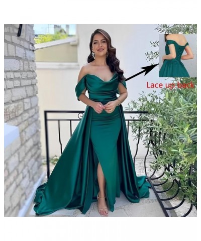 Off Shoulder Prom Dresses with Slit Long Satin Formal Dresses for Women Tight Pleated Evening Gowns Sky Blue $32.76 Dresses