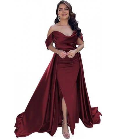 Off Shoulder Prom Dresses with Slit Long Satin Formal Dresses for Women Tight Pleated Evening Gowns Sky Blue $32.76 Dresses