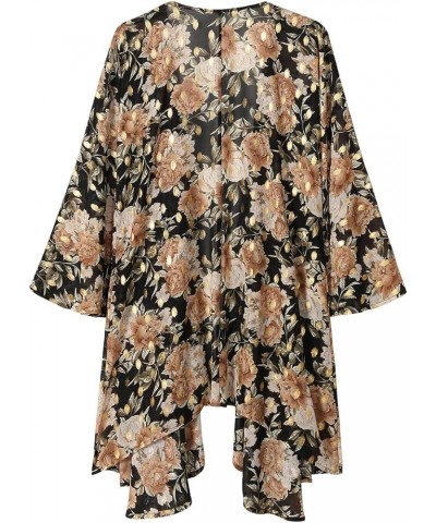 Women's Floral Print Sheer Chiffon 3/4 Bat Sleeve Casual Loose Kimono Cardigan Capes Yellow Peony $9.89 Swimsuits