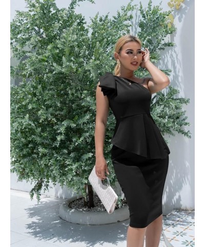 Women's Sexy One Shoulder Sleeveless Ruffle Peplum Pencil Midi Party Dress Black $11.75 Dresses