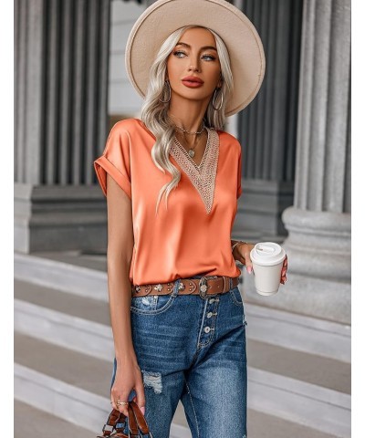 Short Sleeve Silk Shirt for Women Loose Satin Blouse Guipure Lace V Neck Silk Tops S-XXL Orange $10.00 Blouses