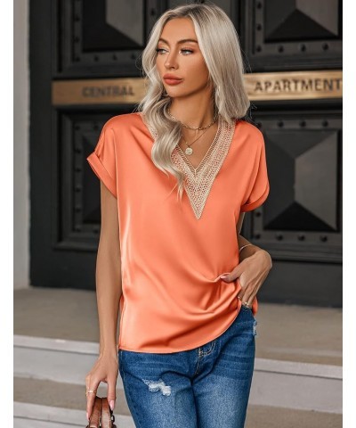 Short Sleeve Silk Shirt for Women Loose Satin Blouse Guipure Lace V Neck Silk Tops S-XXL Orange $10.00 Blouses