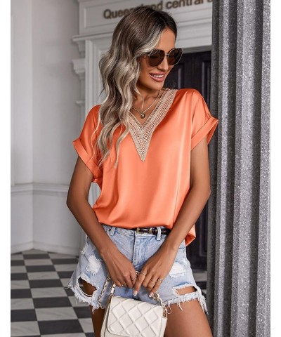 Short Sleeve Silk Shirt for Women Loose Satin Blouse Guipure Lace V Neck Silk Tops S-XXL Orange $10.00 Blouses