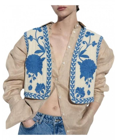 Women Y2K Vintage Embroidered Vest Tops Linen Crochet Sleeveless Floral Cardigan Vests A Blue $14.99 Vests