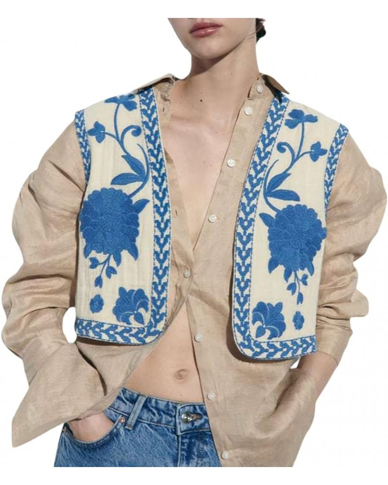 Women Y2K Vintage Embroidered Vest Tops Linen Crochet Sleeveless Floral Cardigan Vests A Blue $14.99 Vests