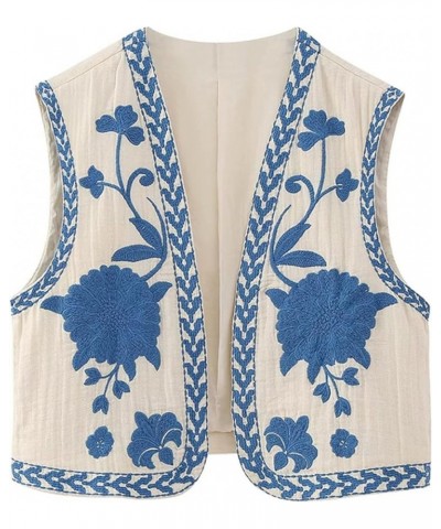 Women Y2K Vintage Embroidered Vest Tops Linen Crochet Sleeveless Floral Cardigan Vests A Blue $14.99 Vests