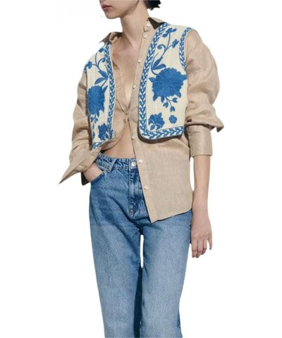 Women Y2K Vintage Embroidered Vest Tops Linen Crochet Sleeveless Floral Cardigan Vests A Blue $14.99 Vests