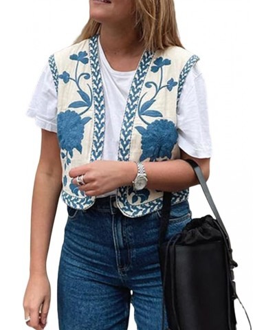 Women Y2K Vintage Embroidered Vest Tops Linen Crochet Sleeveless Floral Cardigan Vests A Blue $14.99 Vests