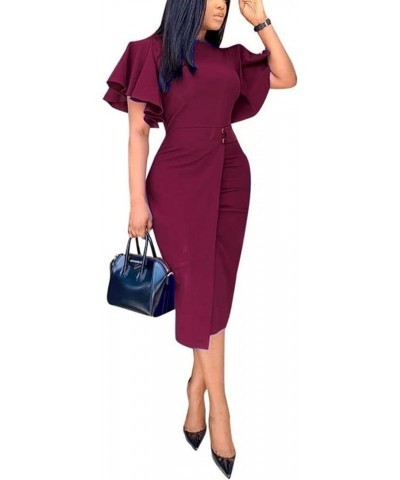 Women's Elegant Ruffle Sleeve Bodycon Peplum Business Formal Work Pencil Dress Claret $15.51 Dresses