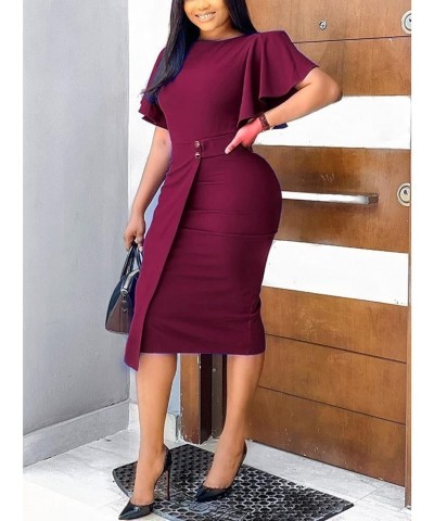 Women's Elegant Ruffle Sleeve Bodycon Peplum Business Formal Work Pencil Dress Claret $15.51 Dresses