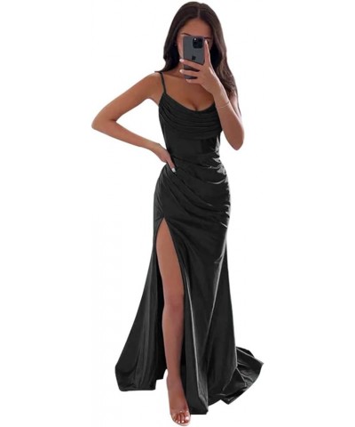 Satin Prom Dresses Long with Slit Cowl Neck Pleated A-Line Formal Gown Bridesmaid Dresses for Women Black $34.19 Dresses