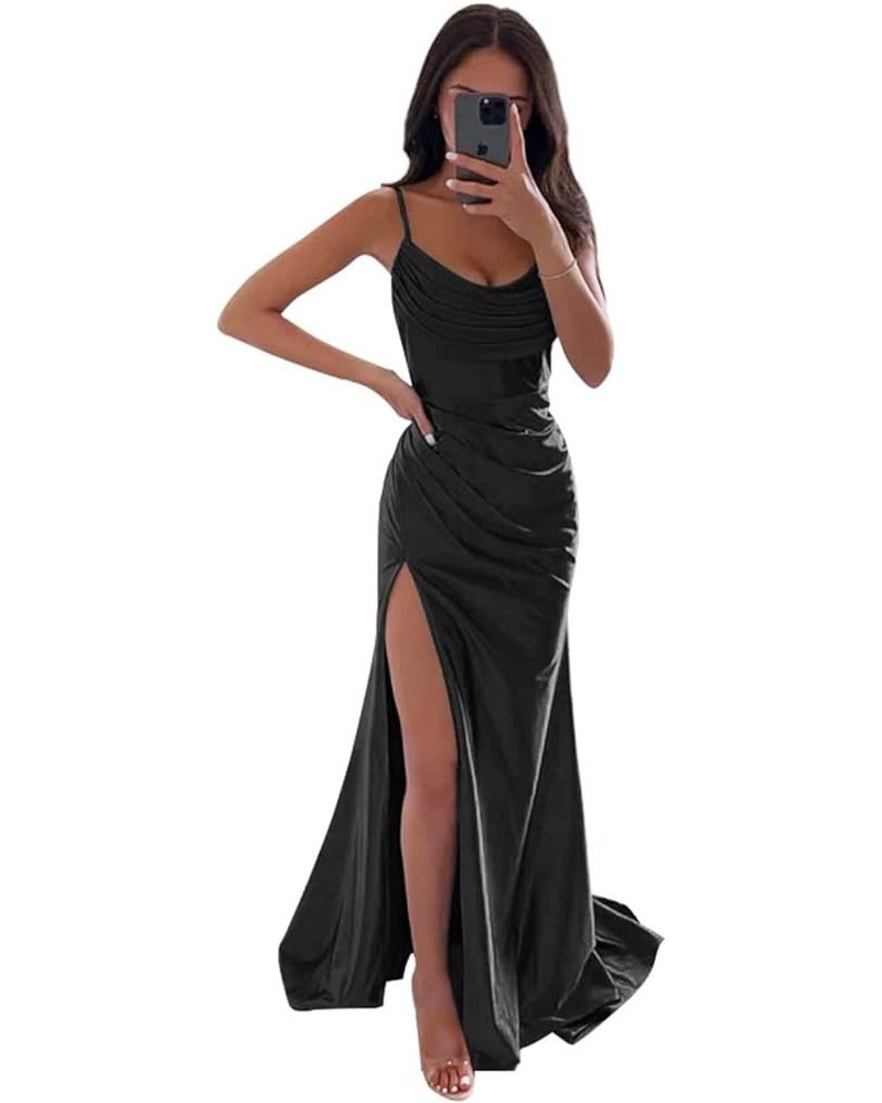 Satin Prom Dresses Long with Slit Cowl Neck Pleated A-Line Formal Gown Bridesmaid Dresses for Women Black $34.19 Dresses