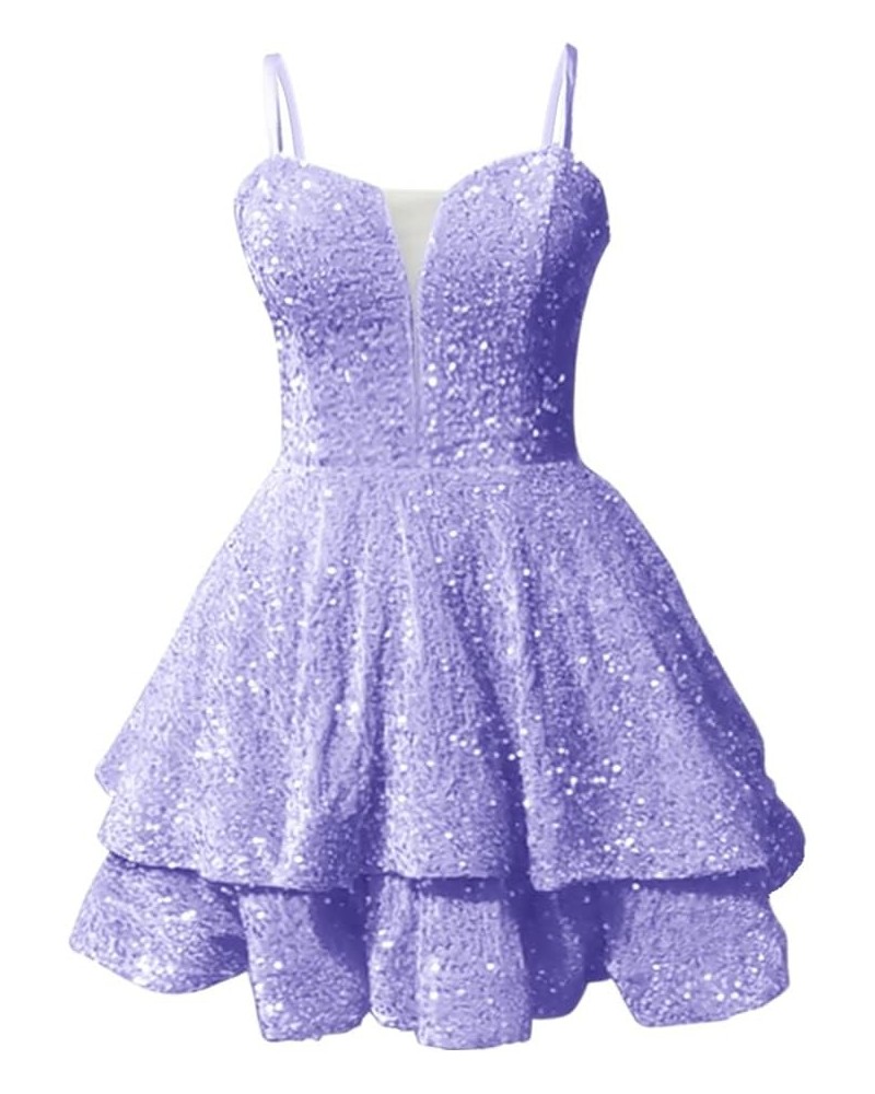 Teens Sequin Prom Dresses Spaghetti Straps Sparkly Sexy Backless Tight Short Homecoming Cocktail Dresses 2023 Lavender $44.10...