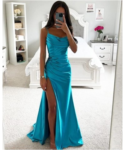 Satin Prom Dresses Long with Slit Cowl Neck Pleated A-Line Formal Gown Bridesmaid Dresses for Women Black $34.19 Dresses