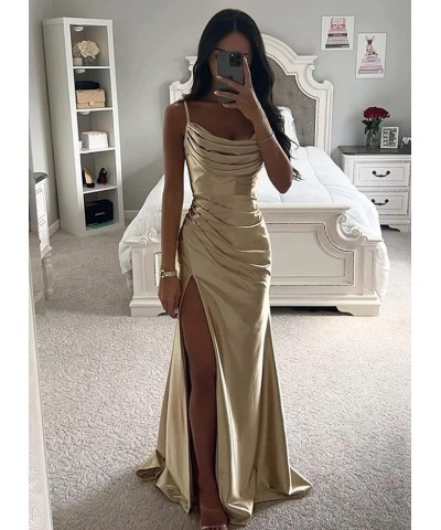 Satin Prom Dresses Long with Slit Cowl Neck Pleated A-Line Formal Gown Bridesmaid Dresses for Women Black $34.19 Dresses