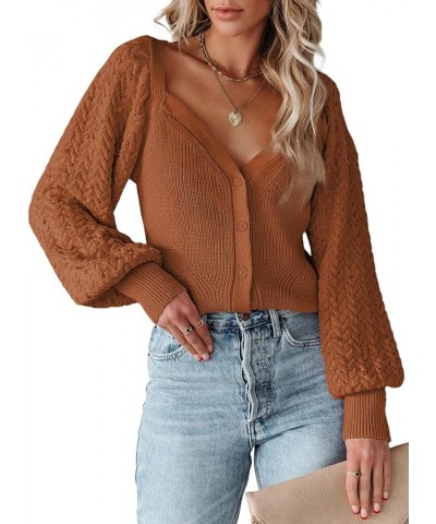 2023 Cropped Cardigan Sweaters for Women Cute Puff Sleeve V Neck Button Up Y2K Cardigan Crochet Cable Knit Sweater Brown $14....