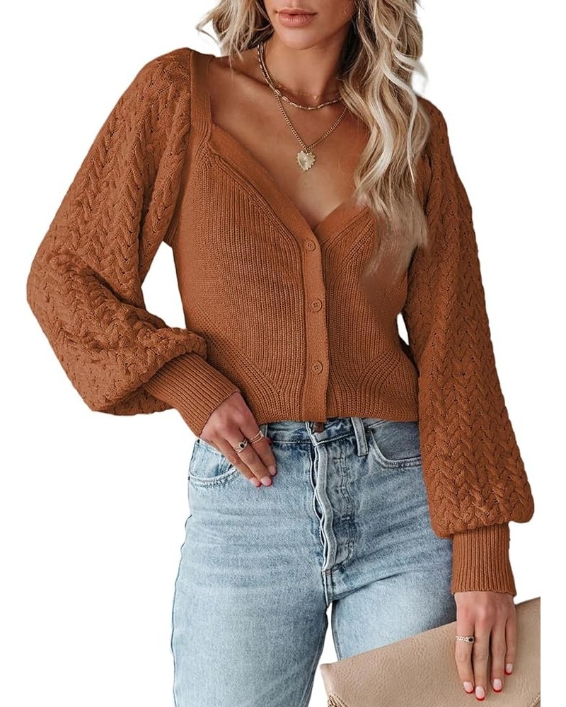 2023 Cropped Cardigan Sweaters for Women Cute Puff Sleeve V Neck Button Up Y2K Cardigan Crochet Cable Knit Sweater Brown $14....