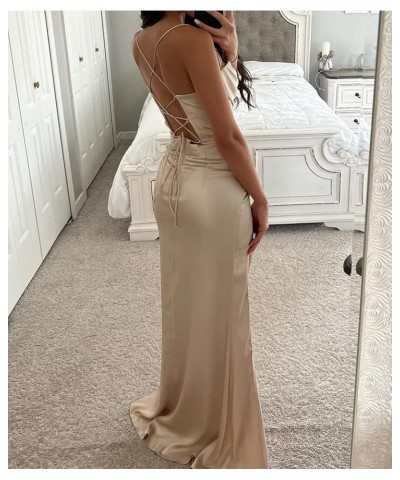 Satin Prom Dresses Long with Slit Cowl Neck Pleated A-Line Formal Gown Bridesmaid Dresses for Women Black $34.19 Dresses