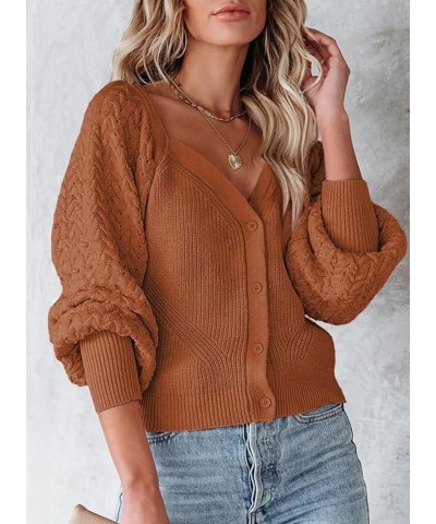 2023 Cropped Cardigan Sweaters for Women Cute Puff Sleeve V Neck Button Up Y2K Cardigan Crochet Cable Knit Sweater Brown $14....