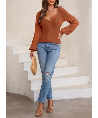 2023 Cropped Cardigan Sweaters for Women Cute Puff Sleeve V Neck Button Up Y2K Cardigan Crochet Cable Knit Sweater Brown $14....