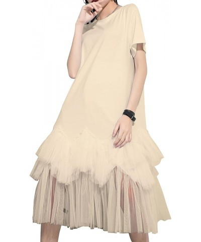 Women's Casual Short Sleeve Crew Neck Tutu Tulle Dress with an Oversized Fit GY2266 Beige $24.91 Dresses