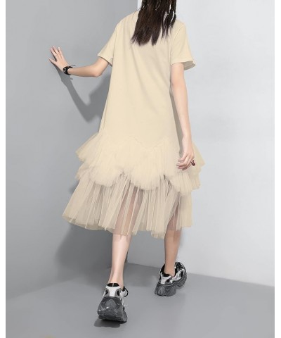 Women's Casual Short Sleeve Crew Neck Tutu Tulle Dress with an Oversized Fit GY2266 Beige $24.91 Dresses