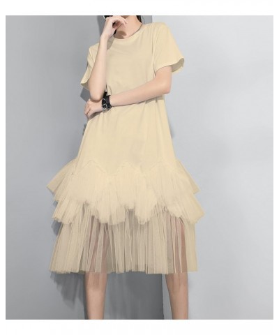 Women's Casual Short Sleeve Crew Neck Tutu Tulle Dress with an Oversized Fit GY2266 Beige $24.91 Dresses