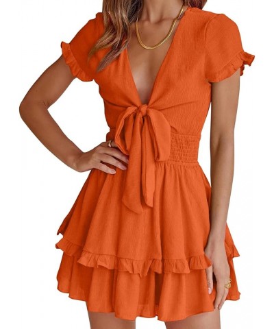 Women's 2024 Summer Swing Mini Dress Tie Front V Neck Short Sleeve Ruffle Layer A-Line Short Dress Orange $29.67 Dresses