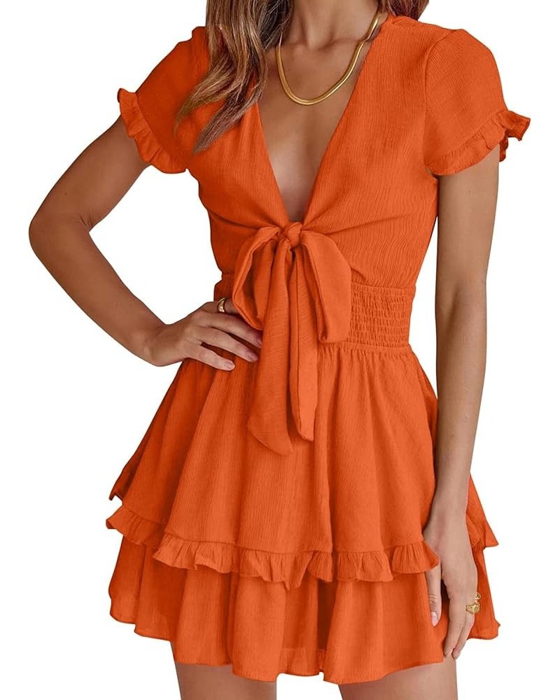 Women's 2024 Summer Swing Mini Dress Tie Front V Neck Short Sleeve Ruffle Layer A-Line Short Dress Orange $29.67 Dresses