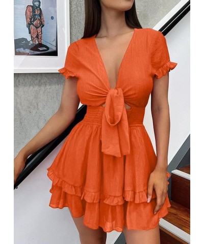 Women's 2024 Summer Swing Mini Dress Tie Front V Neck Short Sleeve Ruffle Layer A-Line Short Dress Orange $29.67 Dresses