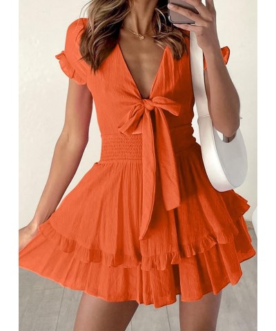 Women's 2024 Summer Swing Mini Dress Tie Front V Neck Short Sleeve Ruffle Layer A-Line Short Dress Orange $29.67 Dresses