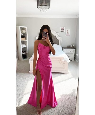 Satin Prom Dresses Long with Slit Cowl Neck Pleated A-Line Formal Gown Bridesmaid Dresses for Women Black $34.19 Dresses