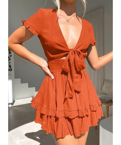 Women's 2024 Summer Swing Mini Dress Tie Front V Neck Short Sleeve Ruffle Layer A-Line Short Dress Orange $29.67 Dresses