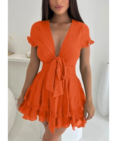 Women's 2024 Summer Swing Mini Dress Tie Front V Neck Short Sleeve Ruffle Layer A-Line Short Dress Orange $29.67 Dresses