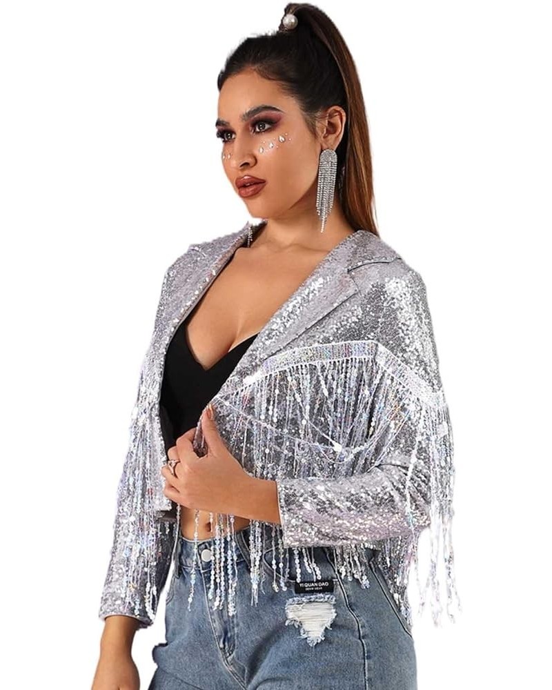 Women’s Sequins Party Bomber Jackets Long Sleeve Glitter Jacket Tassel Sparky Open Front Bomber Blazers Sparky Cocktail Silve...