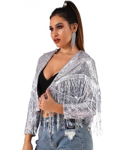 Women’s Sequins Party Bomber Jackets Long Sleeve Glitter Jacket Tassel Sparky Open Front Bomber Blazers Sparky Cocktail Silve...