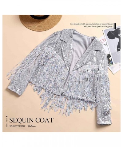 Women’s Sequins Party Bomber Jackets Long Sleeve Glitter Jacket Tassel Sparky Open Front Bomber Blazers Sparky Cocktail Silve...