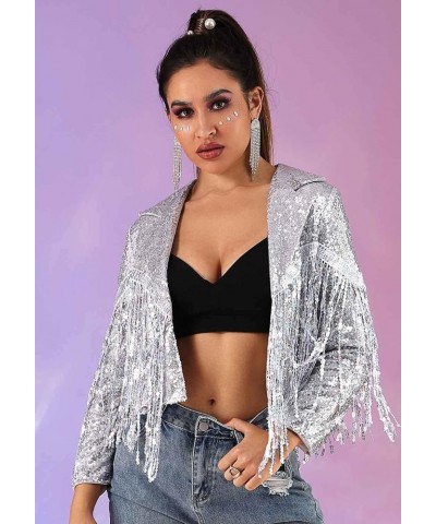 Women’s Sequins Party Bomber Jackets Long Sleeve Glitter Jacket Tassel Sparky Open Front Bomber Blazers Sparky Cocktail Silve...