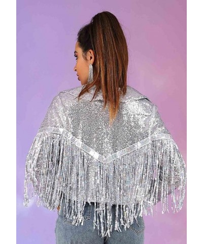 Women’s Sequins Party Bomber Jackets Long Sleeve Glitter Jacket Tassel Sparky Open Front Bomber Blazers Sparky Cocktail Silve...