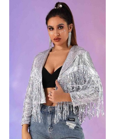 Women’s Sequins Party Bomber Jackets Long Sleeve Glitter Jacket Tassel Sparky Open Front Bomber Blazers Sparky Cocktail Silve...