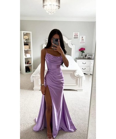 Satin Prom Dresses Long with Slit Cowl Neck Pleated A-Line Formal Gown Bridesmaid Dresses for Women Black $34.19 Dresses